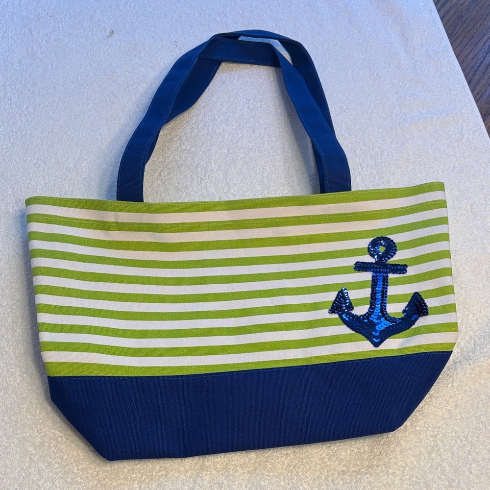 Quacker Factory Blue and Green Striped Anchor Tote